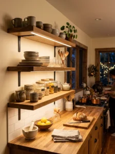 Kitchen shelves with warm integrated under-lighting.