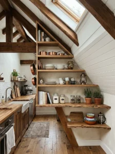 Custom kitchen shelving following a sloped ceiling.