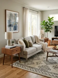 Matching end tables beside a sofa.