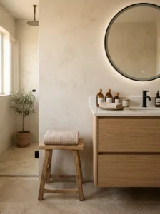 Fluffy neutral hand towels and washcloths in a spa bathroom