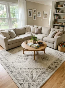 Patterned wool rug in a cozy family room.