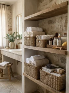 Woven baskets organizing towels and toiletries in a spa bathroom