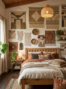 Multiple tapestries layered at different heights on a bedroom wall