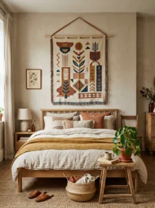 One meaningful tapestry displayed as the focal point of a boho bedroom