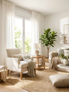 Light accent chair positioned beside a bright living room window.