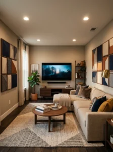 TV room with fabric-wrapped acoustic panels for improved sound quality.