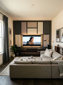 Fabric acoustic panels arranged on the walls of a stylish TV room.