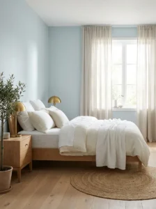 oft ice blue bedroom walls with white bedding and natural wood furniture