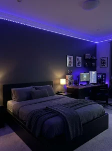 Anime bedroom with colorful LED strip lighting around the ceiling.