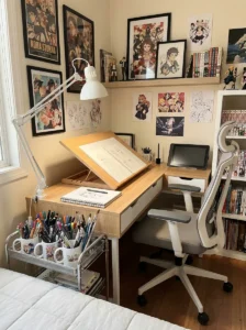 Anime bedroom with a functional desk designed for drawing and fan art.