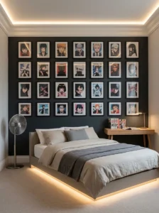 Anime bedroom with a carefully arranged feature wall of framed artwork.