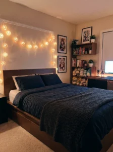 Anime bedroom decorated with warm symbol-inspired string lights.