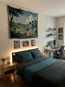 Large anime tapestry creating a focal point above a bedroom bed.