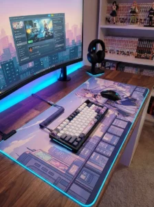 Anime-themed desk mat styled on an organized gaming desk.