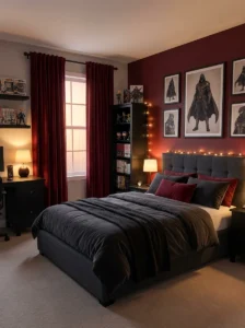 Anime bedroom using coordinated red and charcoal character-inspired colors.