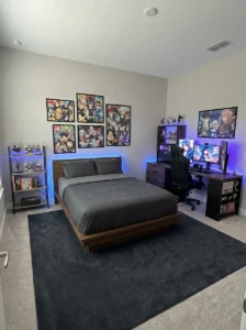 Charcoal rug anchoring a colorful anime-inspired bedroom.