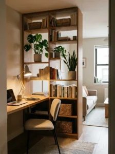 Bookshelf room divider with a built-in desk creating a compact home office.