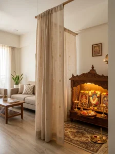 Fabric partition creating a quieter pooja space in an apartment