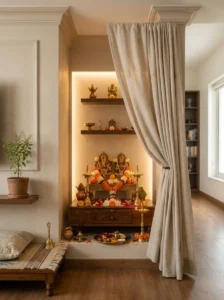 Soft curtain providing privacy for a compact pooja room
