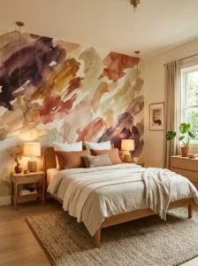 Abstract plum and rust watercolor wallpaper in a bedroom