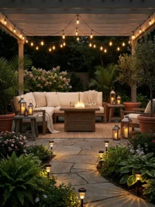 Backyard patio with plants and lattice privacy screening