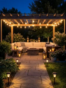 Warm lanterns and string lights creating cozy patio lighting at night
