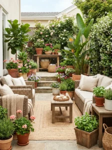 Patio decorated with potted plants, flowers, herbs and greenery