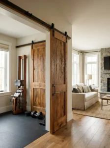 Warm wood sliding barn doors used to divide two rooms while saving floor space.