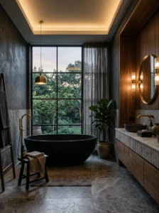Matte black freestanding soaking tub in a luxurious dark bathroom