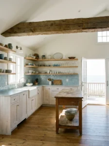 Reclaimed wood ceiling beam in an airy coastal kitchen