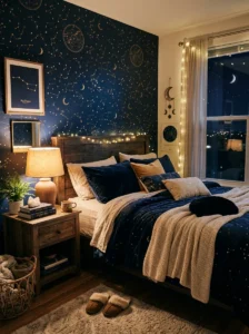 Deep navy constellation wallpaper in a dreamy bedroom