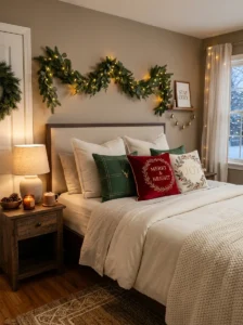 Red and green Christmas accent pillows on a bedroom bed