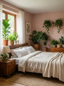 Pink bedroom with deep green plants for natural contrast.
