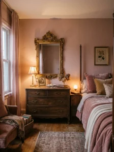 intage gold-framed mirror in a pink bedroom.