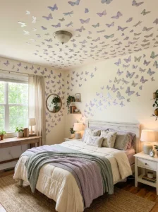 Butterfly and dragonfly wall decals in a fairy-themed bedroom.
