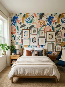 Colorful abstract wallpaper creating personality in a bedroom