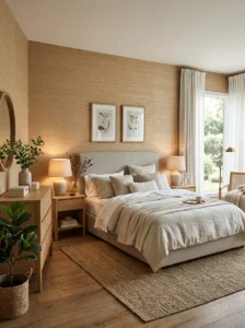 Textured grasscloth wallpaper in an elegant bedroom