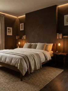 arm chocolate brown bedroom walls with cream bedding and wood furniture