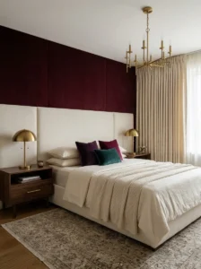 Deep burgundy accent wall behind a modern bedroom bed
