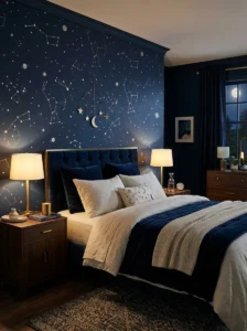Deep navy celestial wallpaper with constellation pattern in a bedroom
