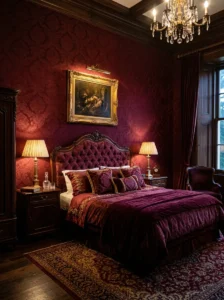 Deep burgundy damask wallpaper creating old-world bedroom drama