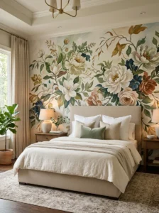 Oversized floral mural creating a dramatic bedroom accent wall
