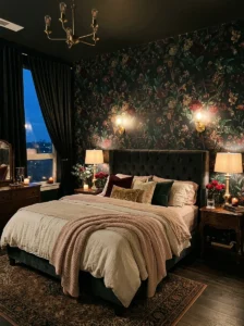 Dark moody floral wallpaper on a bedroom accent wall