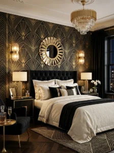 Layered floral and striped wallpaper patterns in a maximalist bedroom