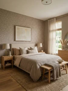 Muted leopard-print wallpaper on a stylish bedroom accent wall