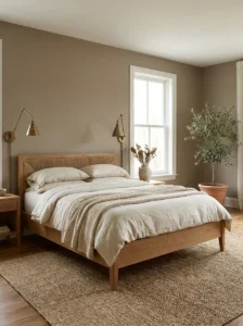 arm taupe bedroom walls with natural wood furniture and cream bedding