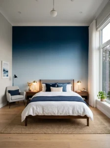 Navy-to-pale-blue ombré wallpaper in a bedroom