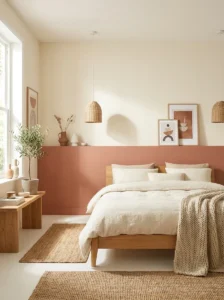 Two-tone bedroom walls with terracotta lower section and cream upper section