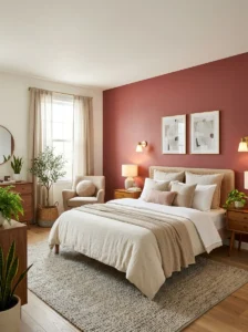 : Pink accent wall paired with warm white bedroom walls.