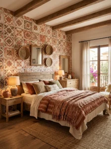 Terracotta tile-inspired wallpaper in a warm bedroom